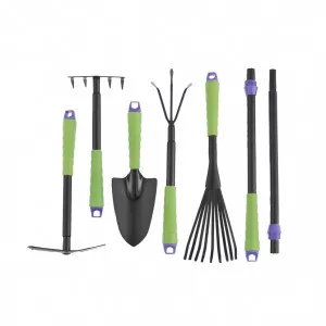Set unelte de grădină LONG: scafă, greblă evantai, cultivator, greblă cu 5 dinți, săpăligă + mânere prelungitoare