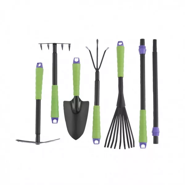 Set unelte de grădină LONG: scafă, greblă evantai, cultivator, greblă cu 5 dinți, săpăligă + mânere prelungitoare